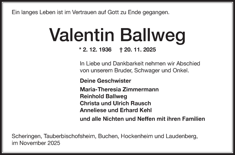  Traueranzeige für Valentin Ballweg vom 22.11.2025 aus Fränkische Nachrichten