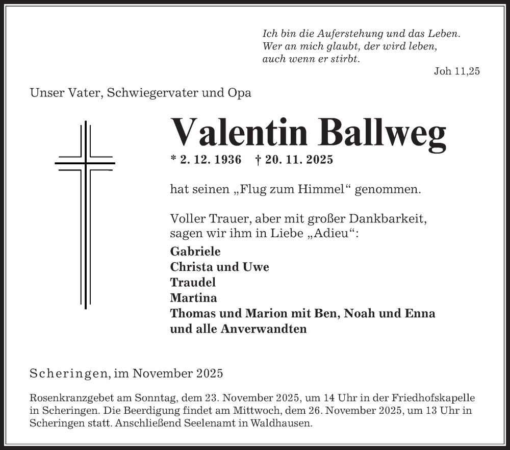  Traueranzeige für Valentin Ballweg vom 22.11.2025 aus Fränkische Nachrichten