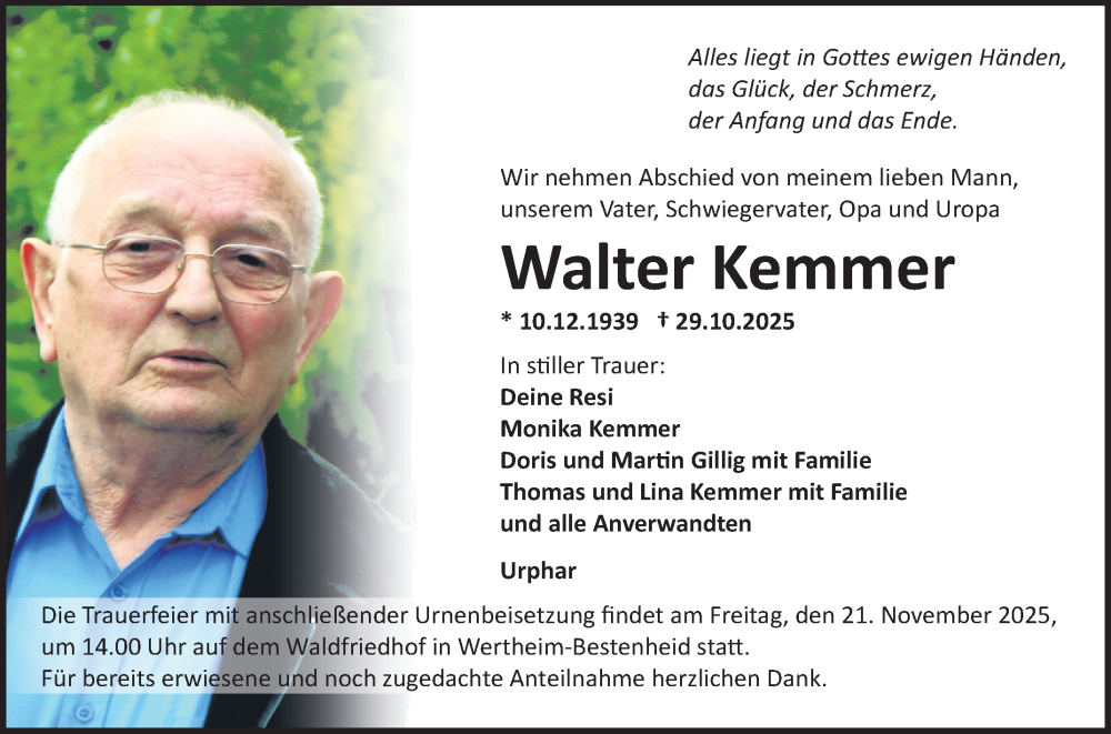  Traueranzeige für Walter Kemmer vom 15.11.2025 aus Fränkische Nachrichten