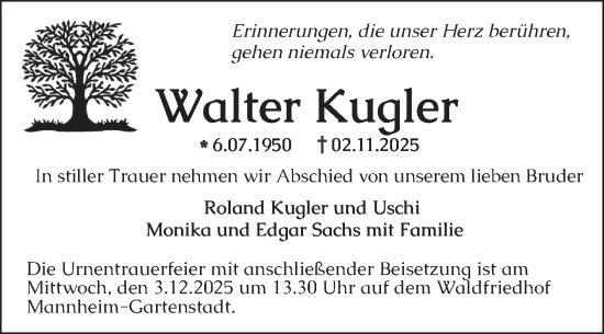 Traueranzeige von Walter Kugler von Mannheimer Morgen