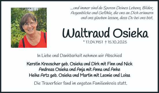 Traueranzeige von Waltraud Osieka von Mannheimer Morgen