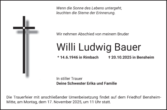 Traueranzeige von Willi Ludwig Bauer von Bergsträßer Anzeiger
