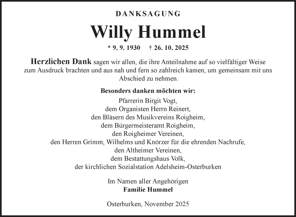  Traueranzeige für Willy Hummel vom 22.11.2025 aus Fränkische Nachrichten