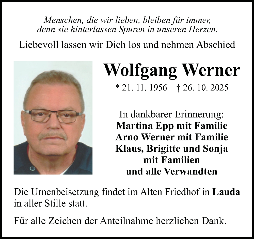  Traueranzeige für Wolfgang Werner vom 15.11.2025 aus Fränkische Nachrichten