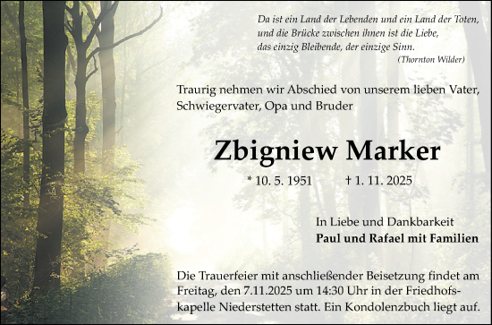Traueranzeige von Zbigniew Marker von Fränkische Nachrichten