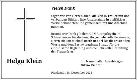 Traueranzeige von Helga Klein von Schwetzinger Zeitung