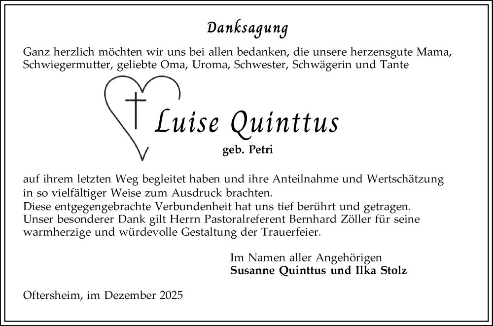  Traueranzeige für Luise Quinttus vom 13.12.2025 aus Schwetzinger Zeitung