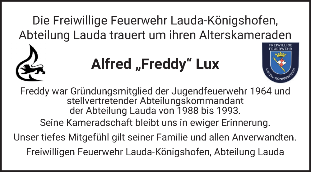  Traueranzeige für Alfred Lux vom 09.12.2025 aus Fränkische Nachrichten