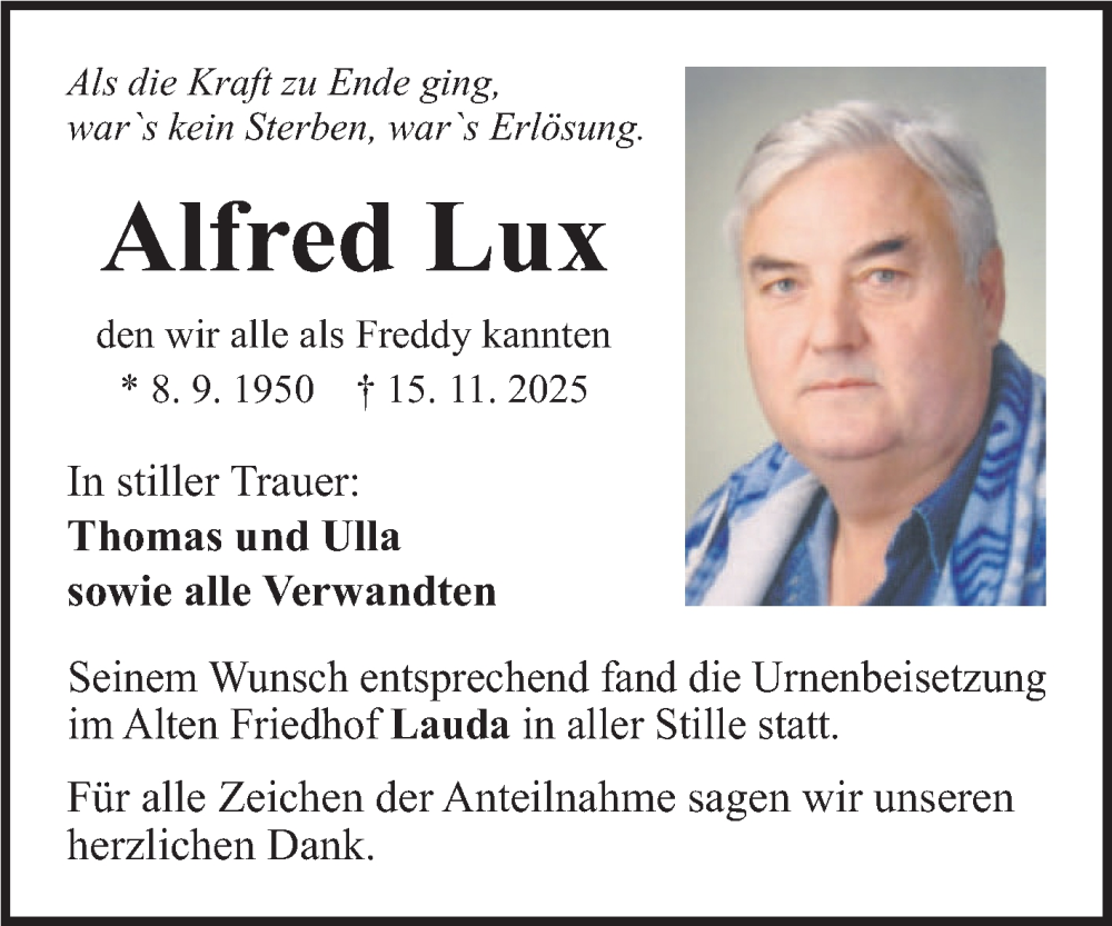  Traueranzeige für Alfred Lux vom 05.12.2025 aus Fränkische Nachrichten