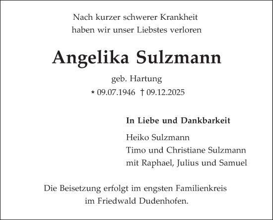 Traueranzeige von Angelika Sulzmann von Schwetzinger Zeitung