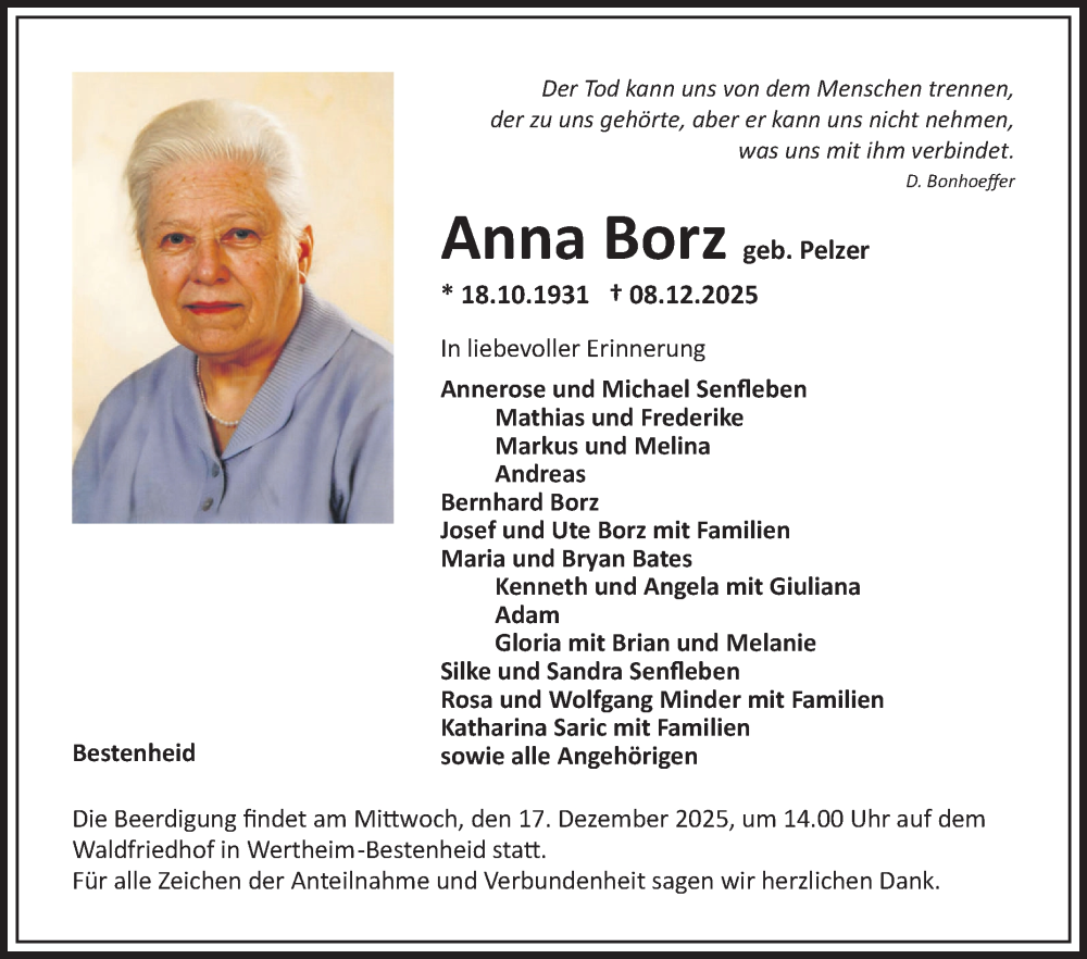  Traueranzeige für Anna Borz vom 13.12.2025 aus Fränkische Nachrichten