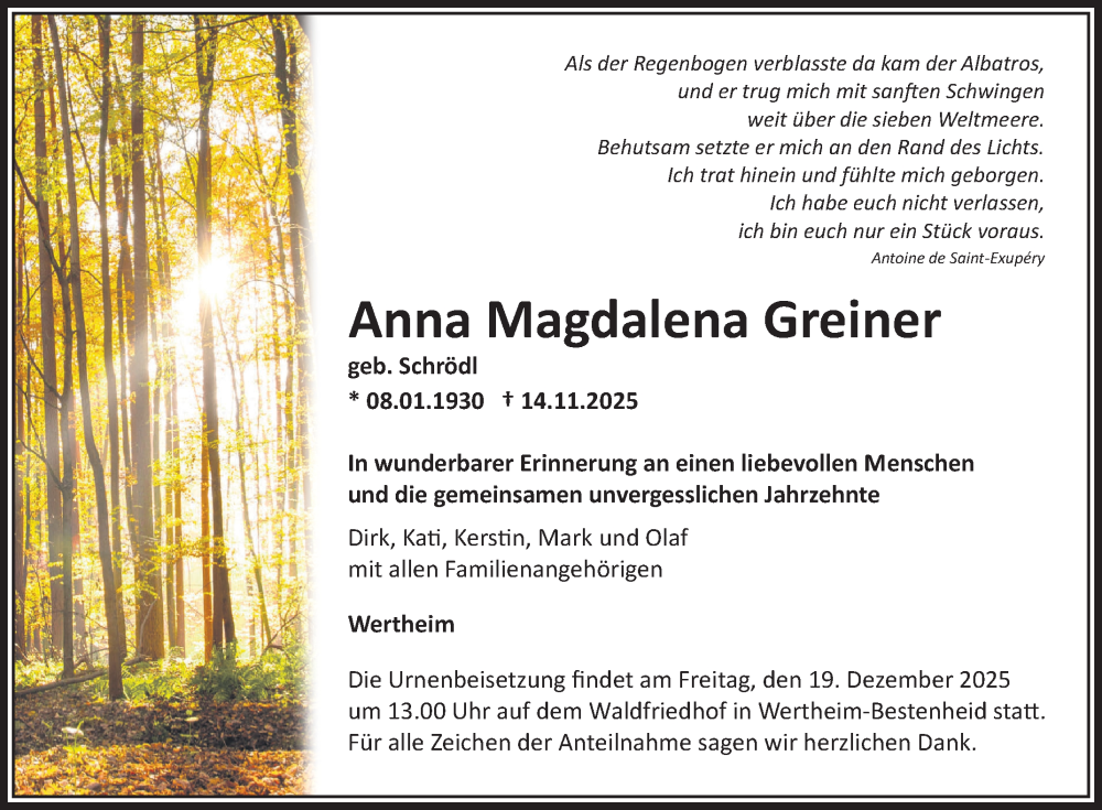  Traueranzeige für Anna Magdalena Greiner vom 13.12.2025 aus Fränkische Nachrichten