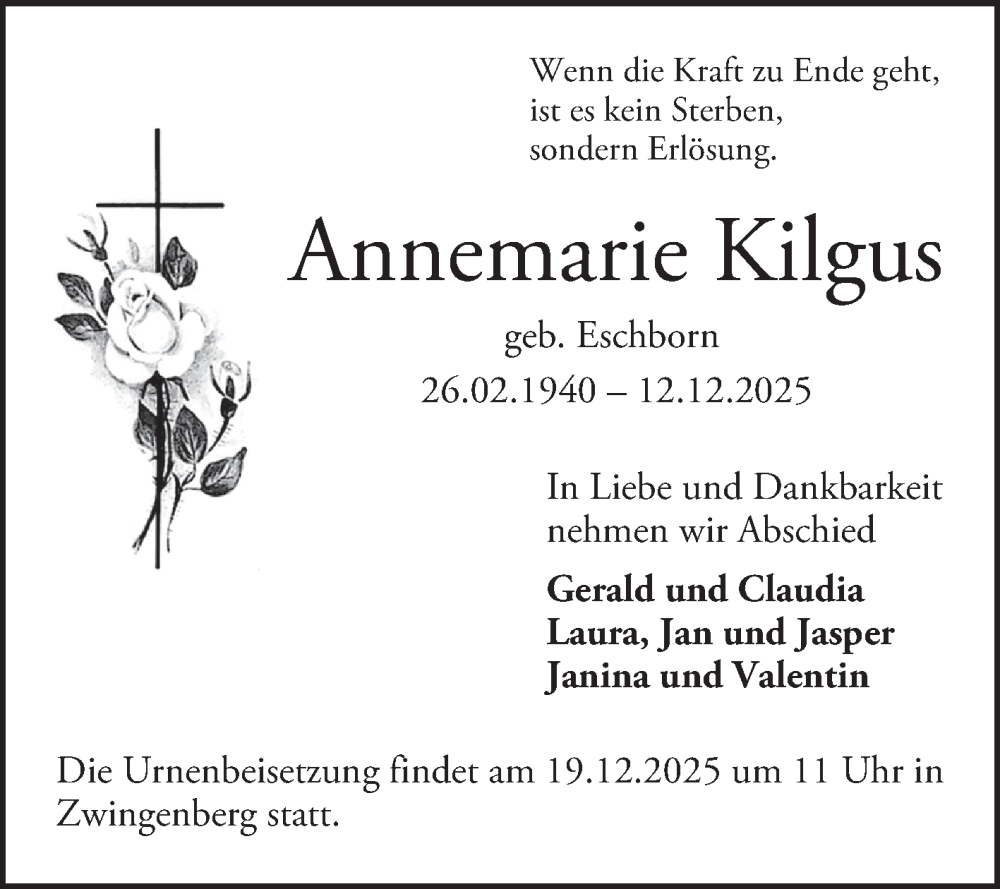  Traueranzeige für Annemarie Kilgus vom 16.12.2025 aus Bergsträßer Anzeiger