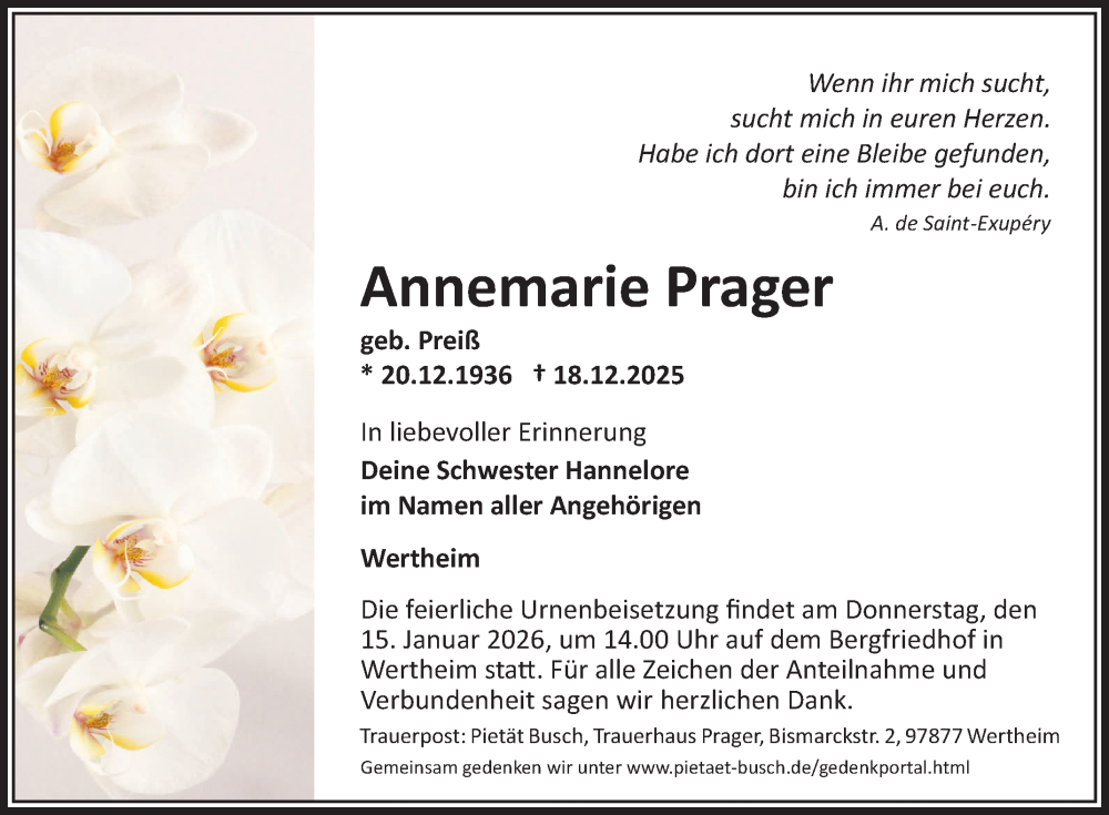 Traueranzeige für Annemarie Prager vom 27.12.2025 aus Fränkische Nachrichten