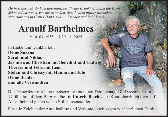 Traueranzeige von Arnulf Barthelmes von Fränkische Nachrichten
