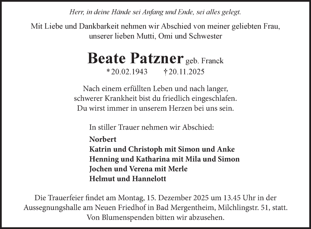  Traueranzeige für Beate Patzner vom 09.12.2025 aus Fränkische Nachrichten