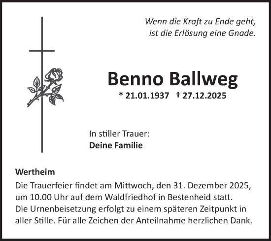 Traueranzeige von Benno Ballweg von Fränkische Nachrichten