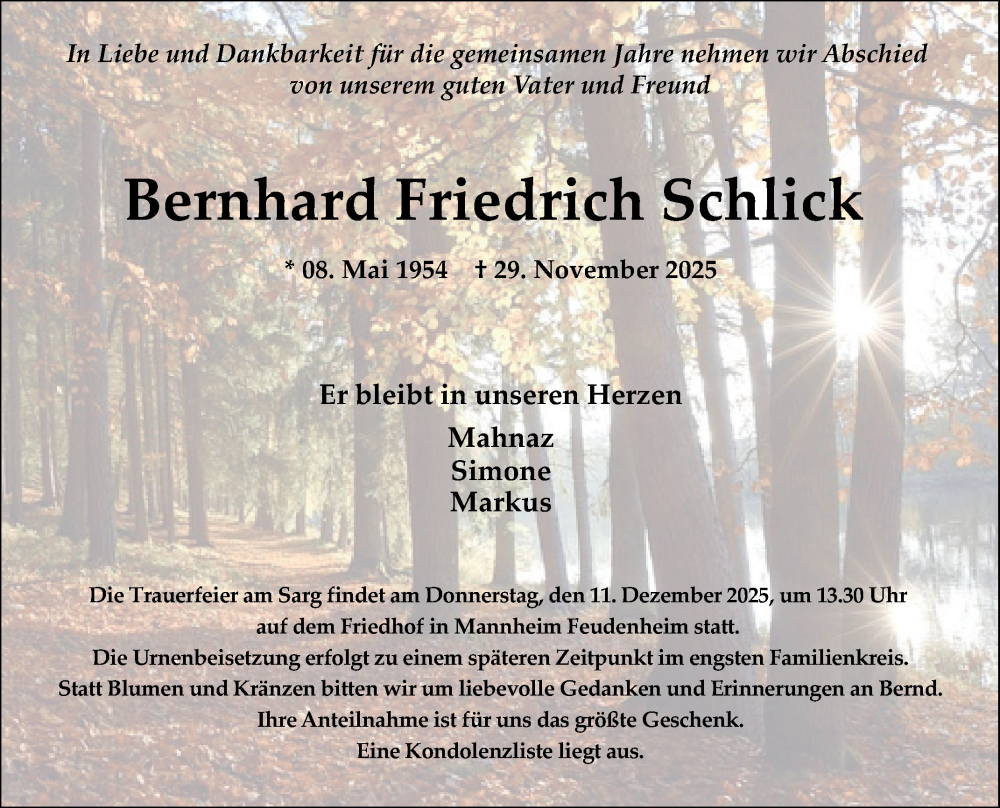  Traueranzeige für Bernhard Friedrich Schlick vom 06.12.2025 aus Mannheimer Morgen