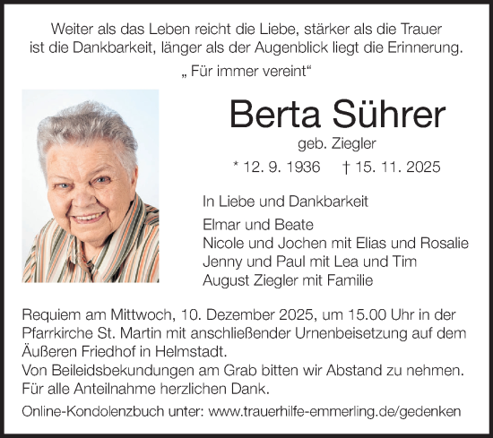 Traueranzeige von Berta Sührer von Fränkische Nachrichten