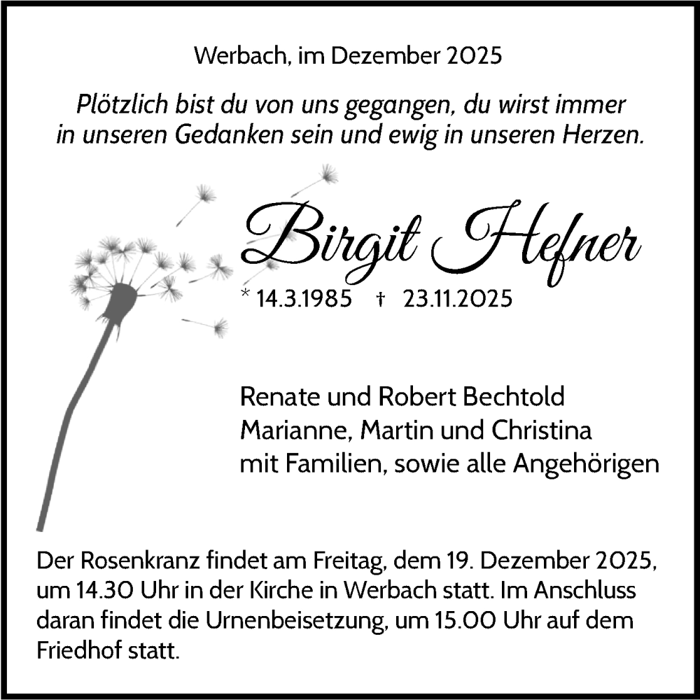  Traueranzeige für Birgit Hefner vom 06.12.2025 aus Fränkische Nachrichten