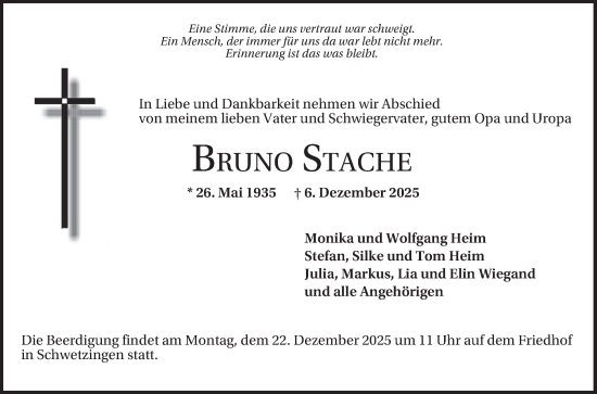Traueranzeige von Bruno Stache von Schwetzinger Zeitung