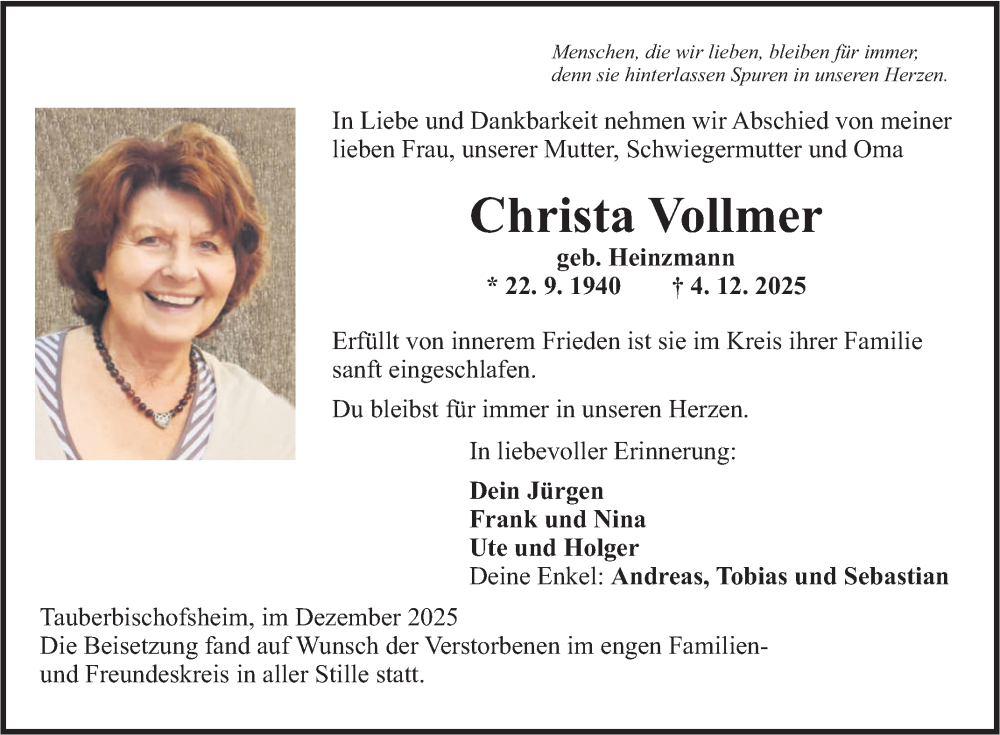  Traueranzeige für Christa Vollmer vom 22.12.2025 aus Fränkische Nachrichten