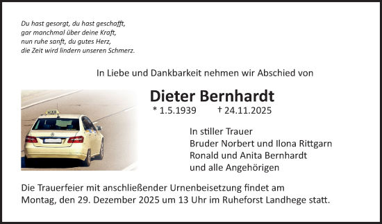 Traueranzeige von Dieter Bernhardt von Fränkische Nachrichten