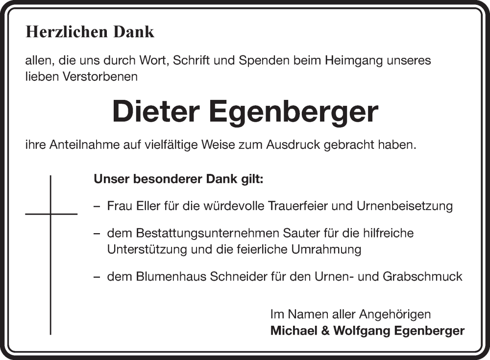  Traueranzeige für Dieter Egenberger vom 13.12.2025 aus Fränkische Nachrichten