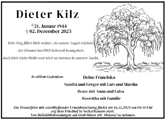 Traueranzeige von Dieter Kilz von Mannheimer Morgen