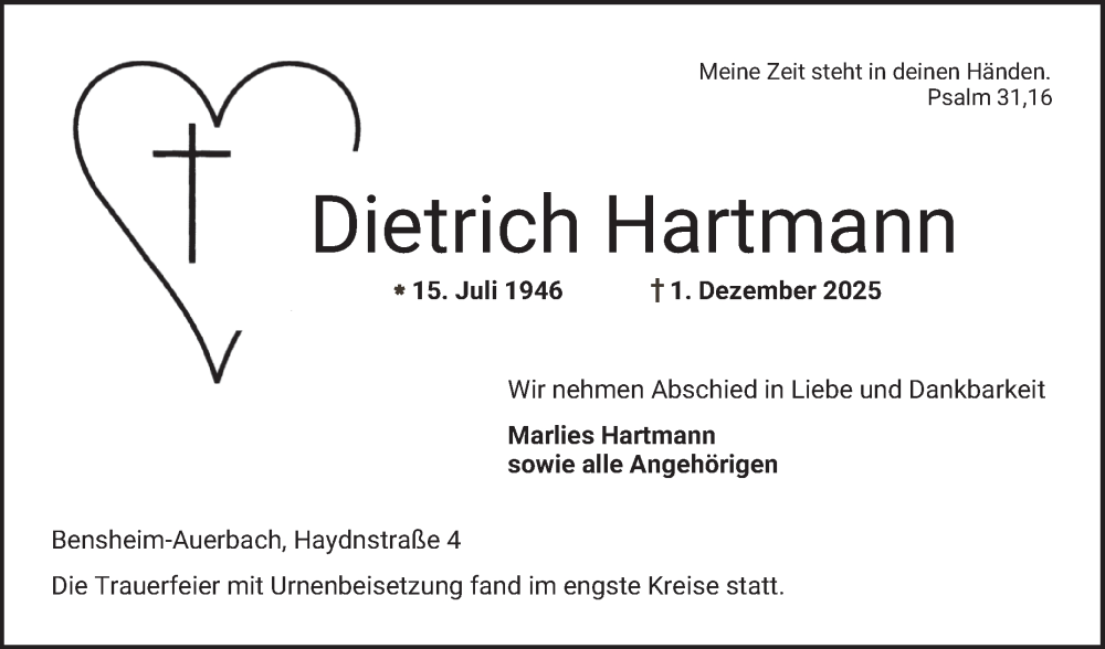  Traueranzeige für Dietrich Hartmann vom 20.12.2025 aus Bergsträßer Anzeiger