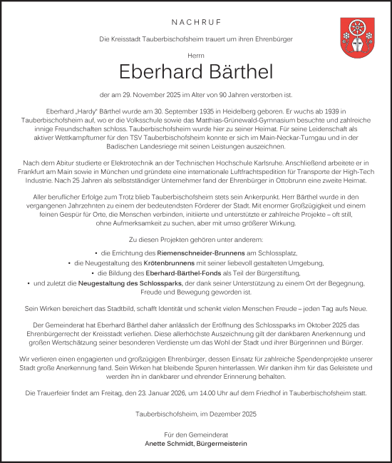 Traueranzeige von Eberhard Bärthel von Fränkische Nachrichten