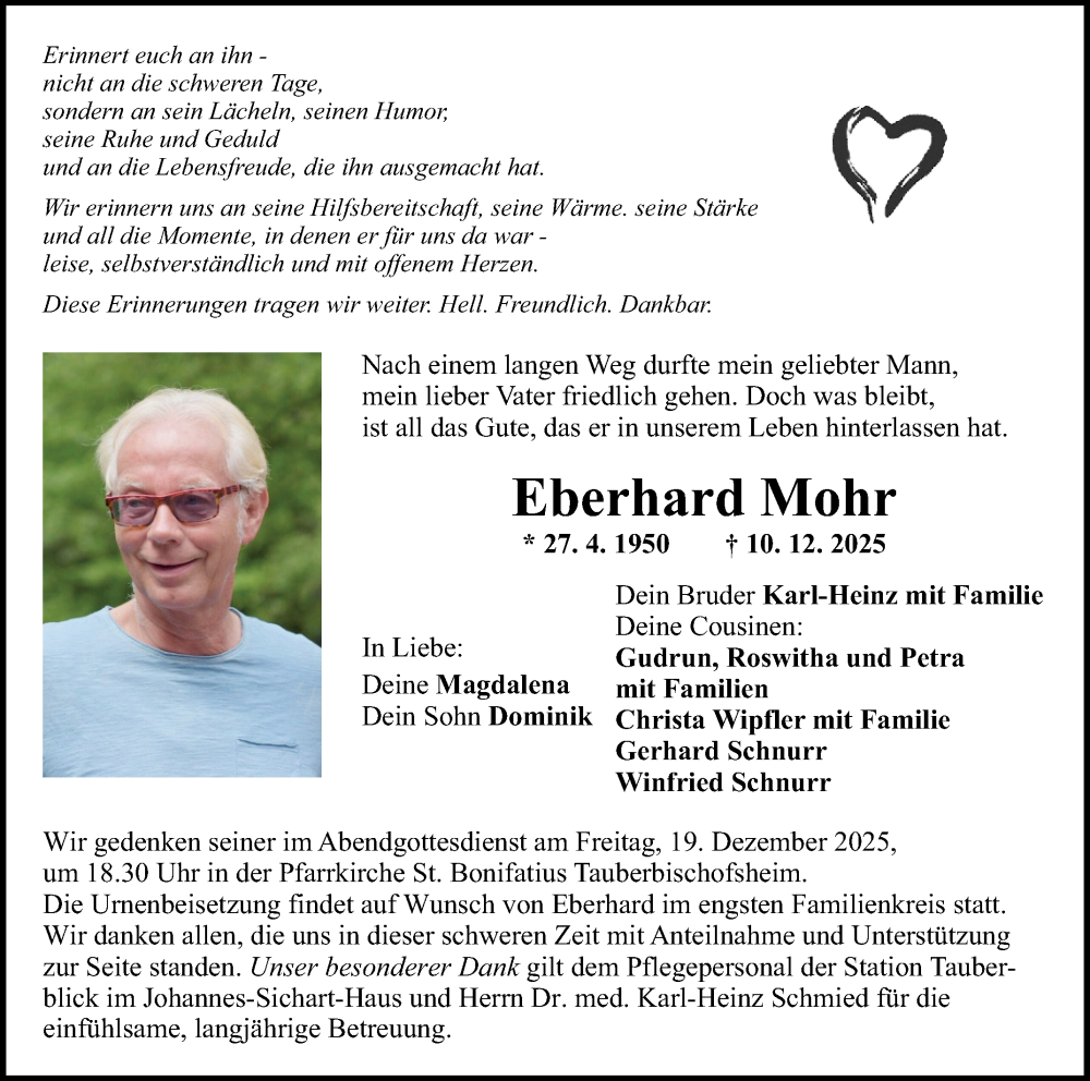  Traueranzeige für Eberhard Mohr vom 13.12.2025 aus Fränkische Nachrichten