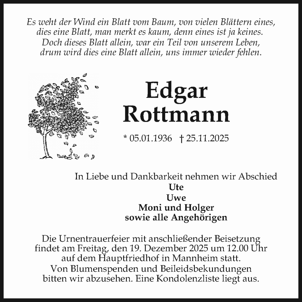  Traueranzeige für Edgar Rottmann vom 06.12.2025 aus Mannheimer Morgen