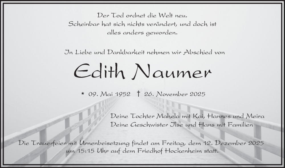  Traueranzeige für Edith Naumer vom 06.12.2025 aus Schwetzinger Zeitung