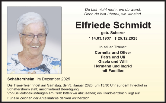 Traueranzeige von Elfriede Schmidt von Fränkische Nachrichten