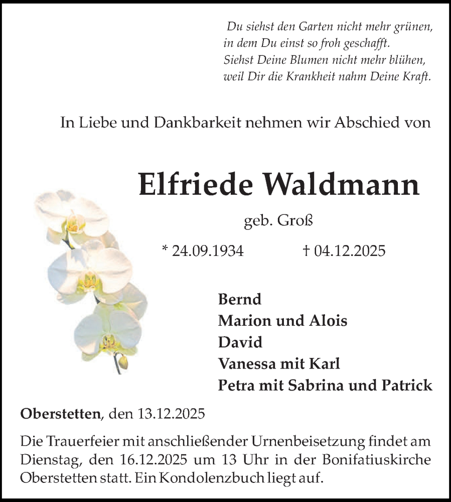  Traueranzeige für Elfriede Waldmann vom 13.12.2025 aus Fränkische Nachrichten