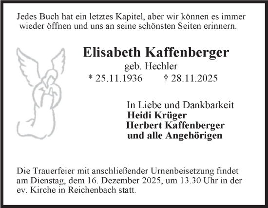 Traueranzeige von Elisabeth Kaffenberger von Bergsträßer Anzeiger