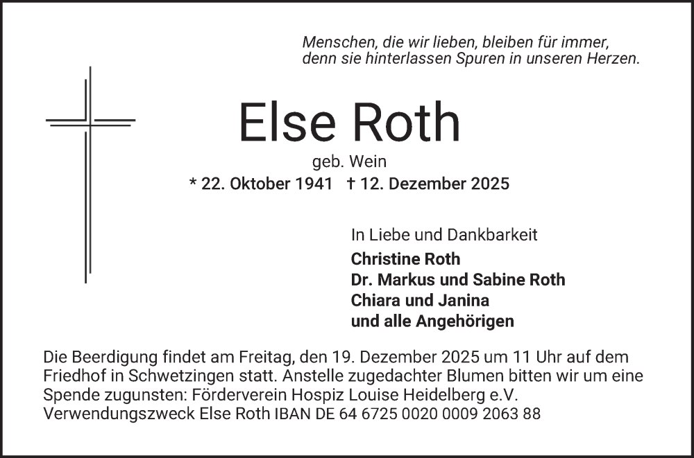  Traueranzeige für Else Roth vom 16.12.2025 aus Schwetzinger Zeitung