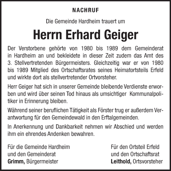 Traueranzeige von Erhard Geiger von Fränkische Nachrichten