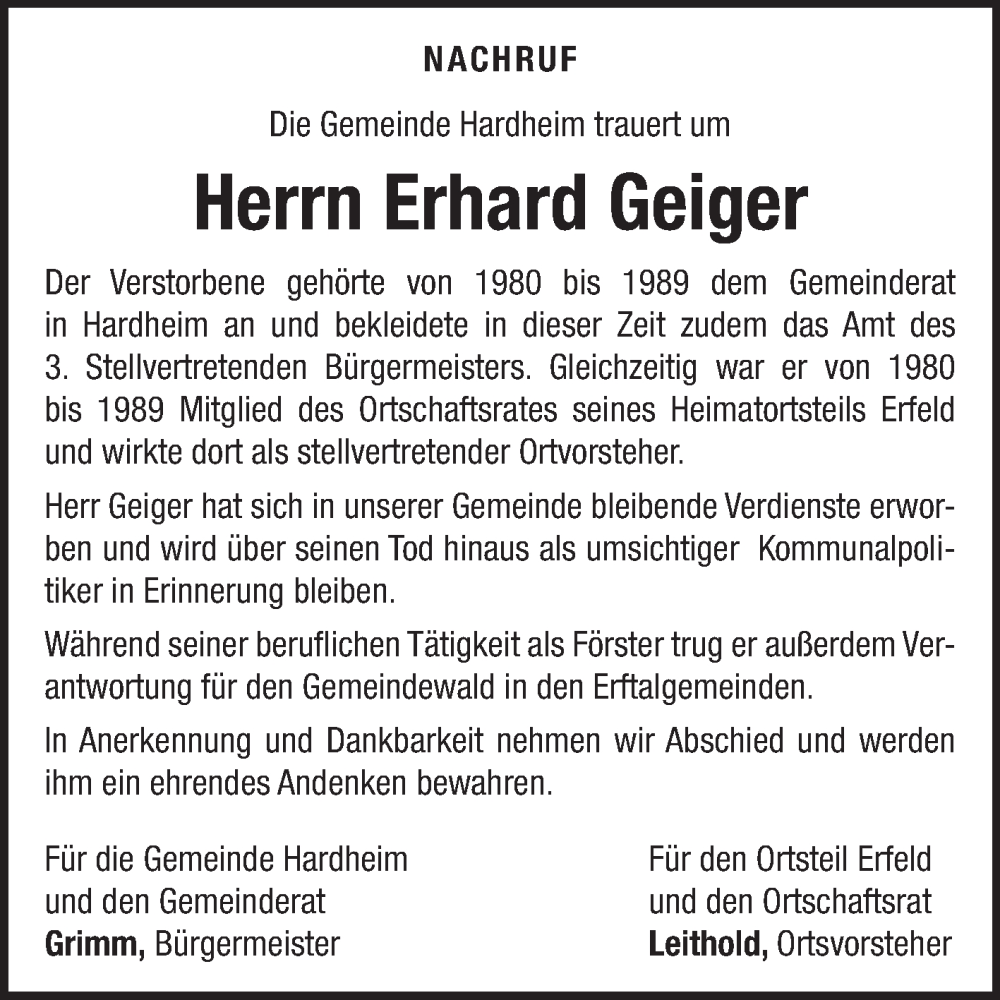  Traueranzeige für Erhard Geiger vom 05.12.2025 aus Fränkische Nachrichten