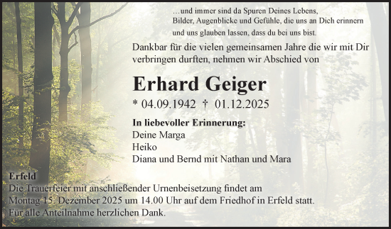 Traueranzeige von Erhard Geiger von Fränkische Nachrichten