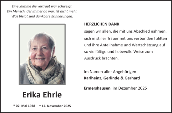 Traueranzeige von Erika Ehrle von Fränkische Nachrichten