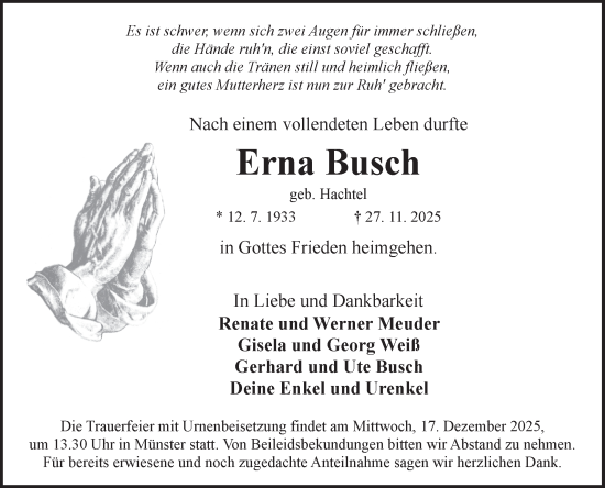 Traueranzeige von Erna Busch von Fränkische Nachrichten