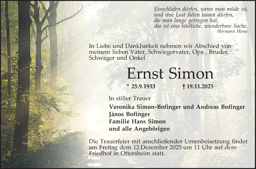  Traueranzeige für Ernst Simon vom 06.12.2025 aus Schwetzinger Zeitung