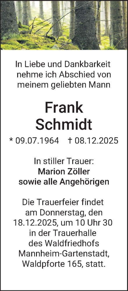 Traueranzeige von Frank Schmidt von Mannheimer Morgen