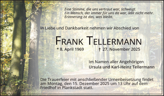 Traueranzeige von Frank Tellermann von Schwetzinger Zeitung