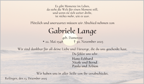 Traueranzeige von Gabriele Lange von Schwetzinger Zeitung