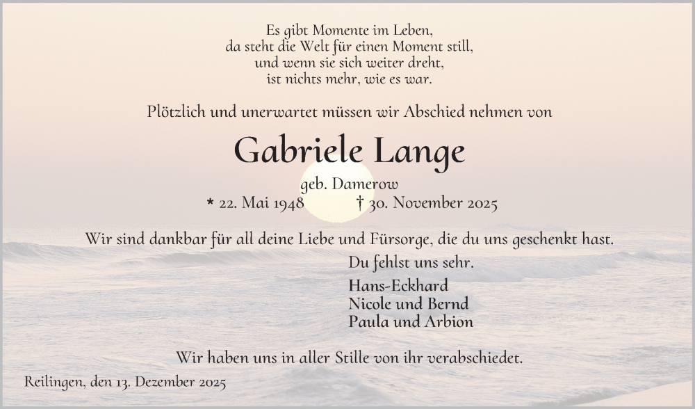  Traueranzeige für Gabriele Lange vom 13.12.2025 aus Schwetzinger Zeitung
