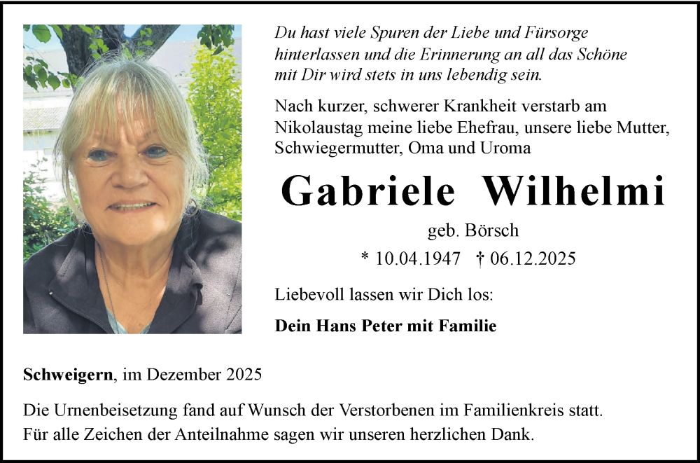  Traueranzeige für Gabriele Wilhelmi vom 19.12.2025 aus Fränkische Nachrichten