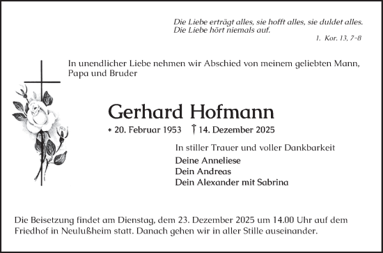 Traueranzeige von Gerhard Hofmann von Schwetzinger Zeitung